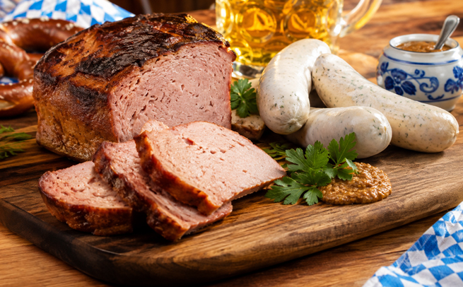 klassiker-oktoberfestzeit Angeschnittener Leberkäse und Weißwürstel